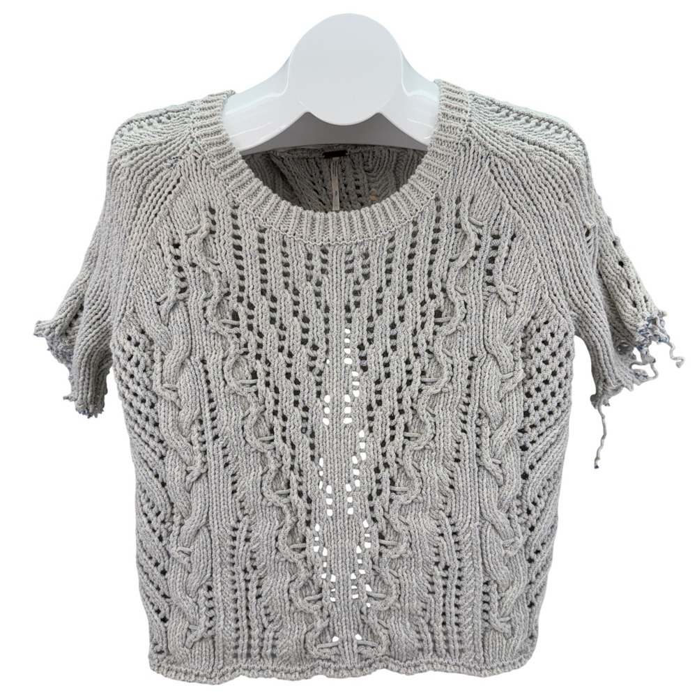 Free People Open Back Cable Knit Short Sleeve Sweater Top Gray Size Small